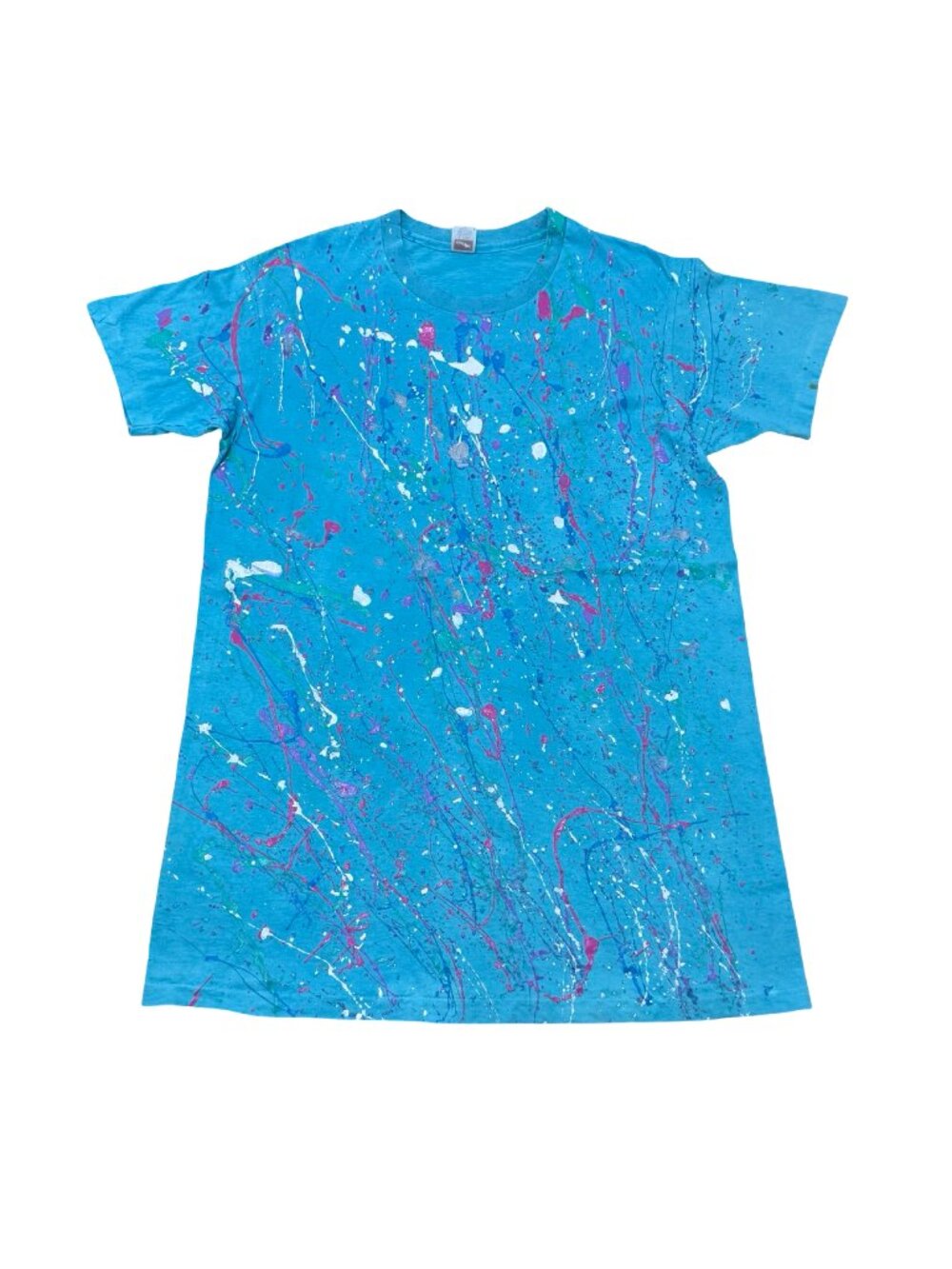 Vintage 1980s Hanes Paint Splatter Art T Shirt Blue Made in USA